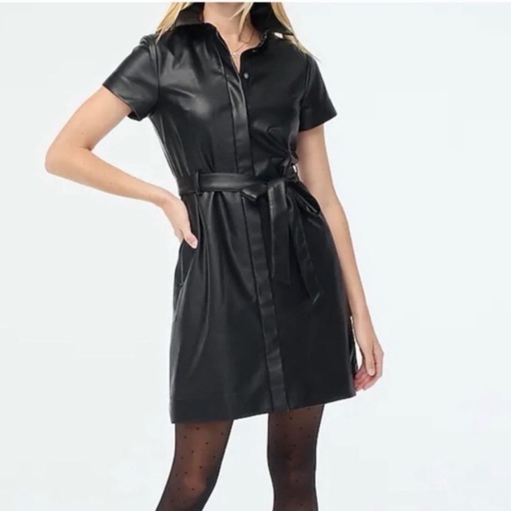 J. Crew Black Faux Leather Short Sleeve Belted Shirt Dress $148 Sz 6